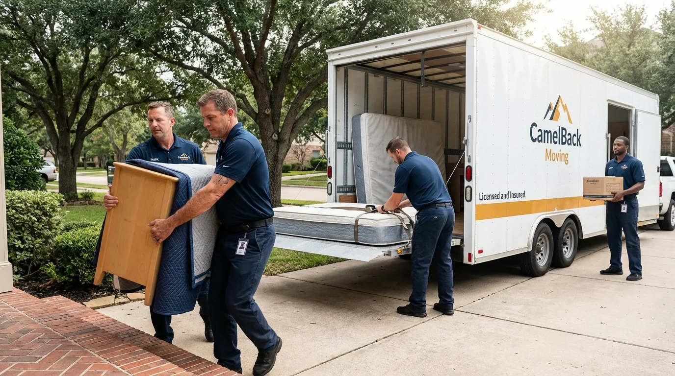 Crew loading residential truck for cross-state move from Camas, WA
