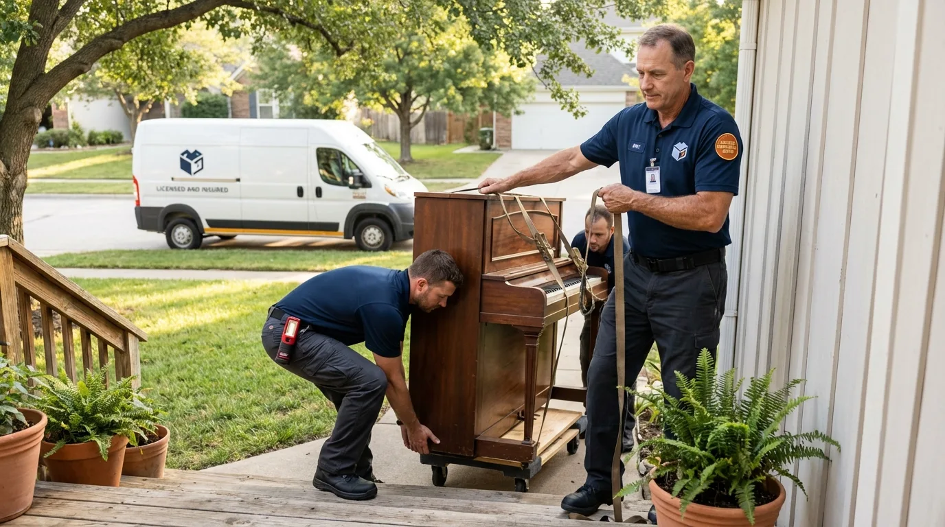 Licensed piano movers securing grand piano in Camas, WA